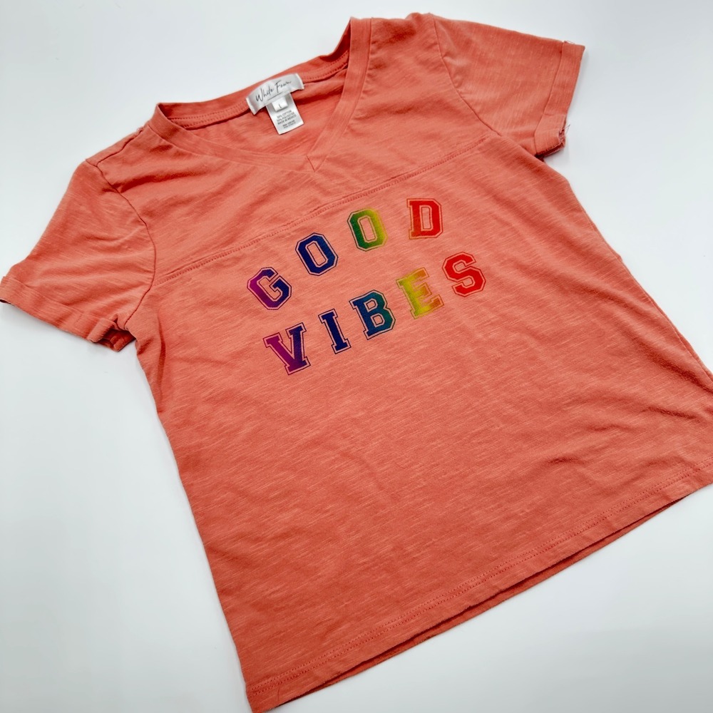 Girls L Coral Pink Good Vibes Graphic Tee Rainbow Varsity Collegiate T Shirt